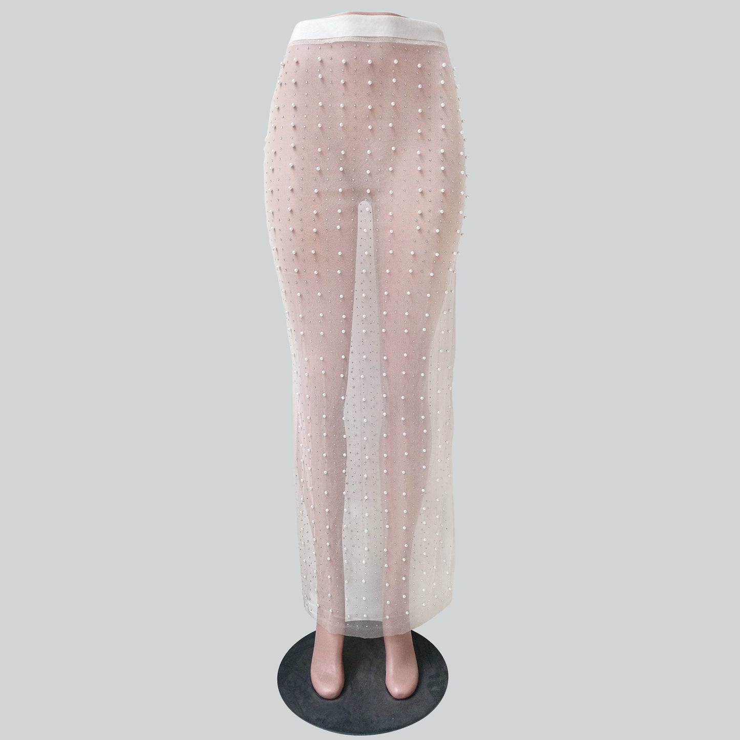 Rhinestone Bead Split Mesh Skirt for Women