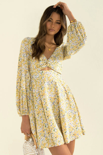 Floral Print Women's Autumn V-neck Twisted Dress
