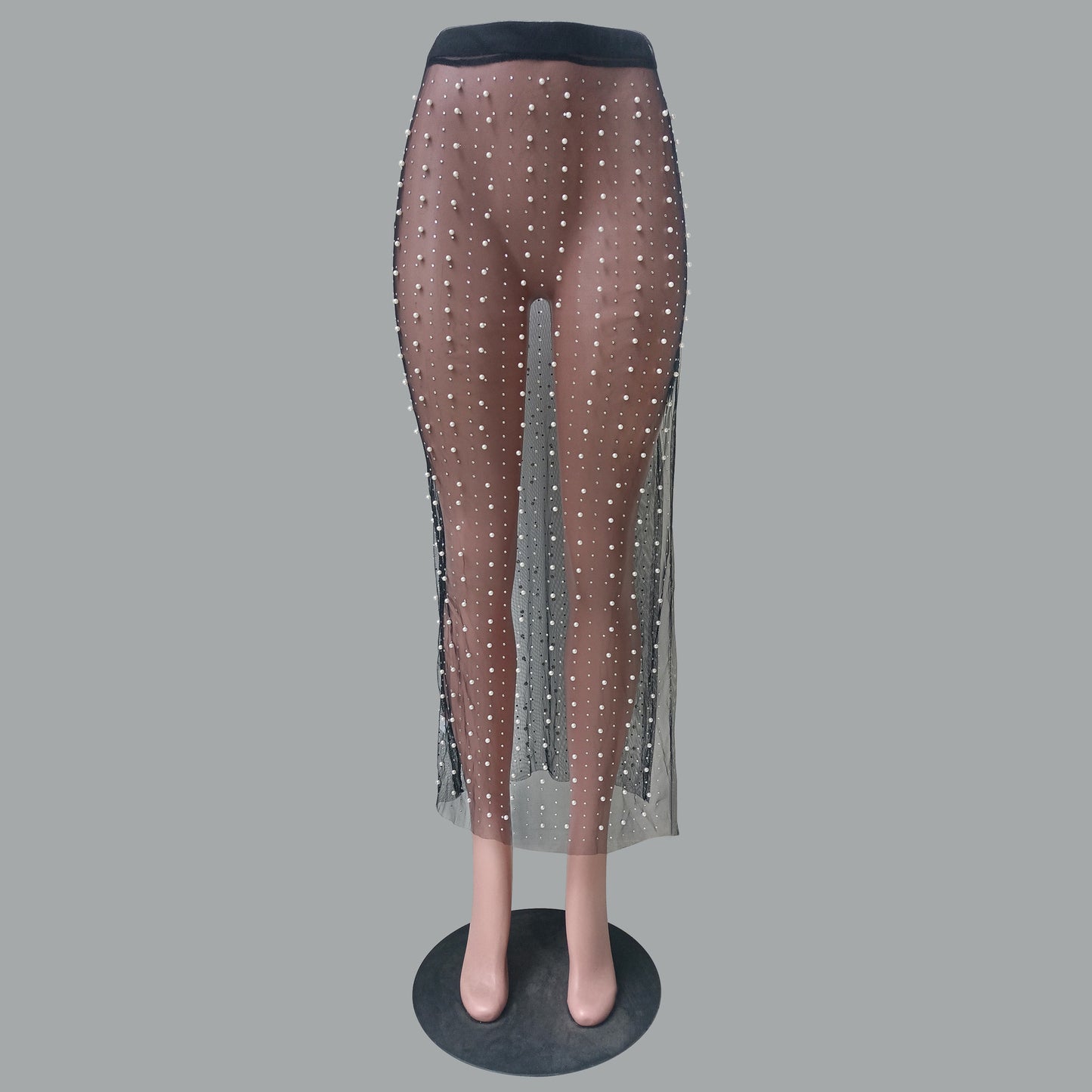 Rhinestone Bead Split Mesh Skirt for Women