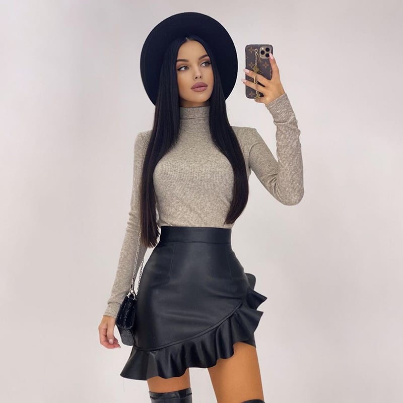 Ruffled Leather A-Line Hip Skirt in Harajuku Style