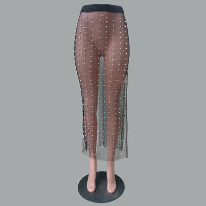 Rhinestone Bead Split Mesh Skirt for Women