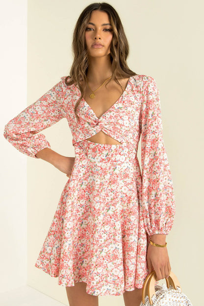Floral Print Women's Autumn V-neck Twisted Dress