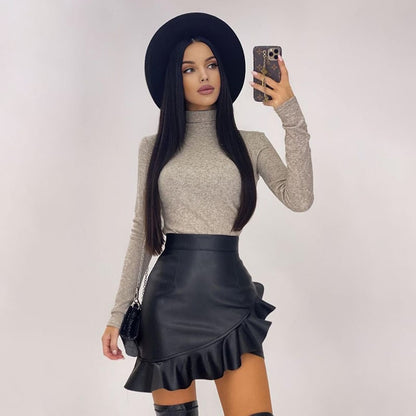 Ruffled Leather A-Line Hip Skirt in Harajuku Style