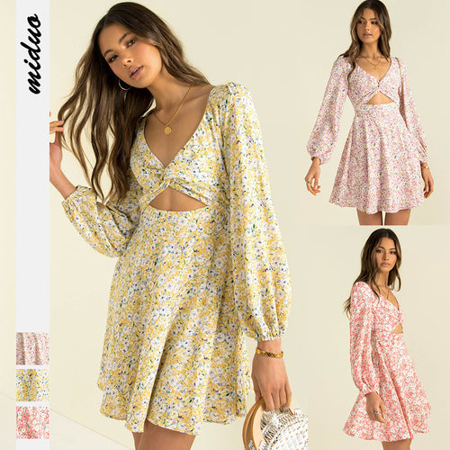 Floral Print Women's Autumn V-neck Twisted Dress