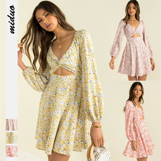 Floral Print Women's Autumn V-neck Twisted Dress